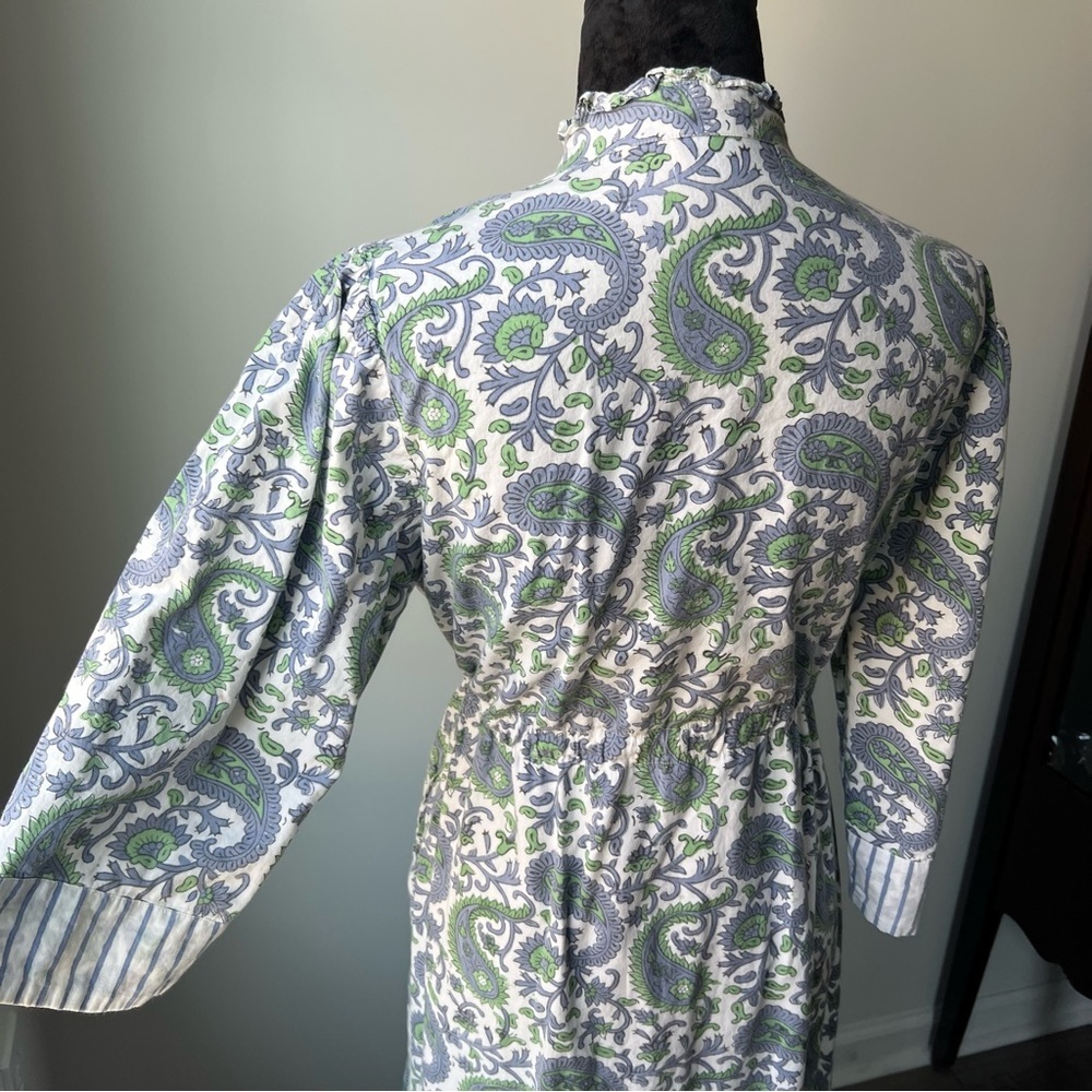 Women’s Paisley Drawstring Waist Dress in White, Green & Blue - Picture 3 of 12